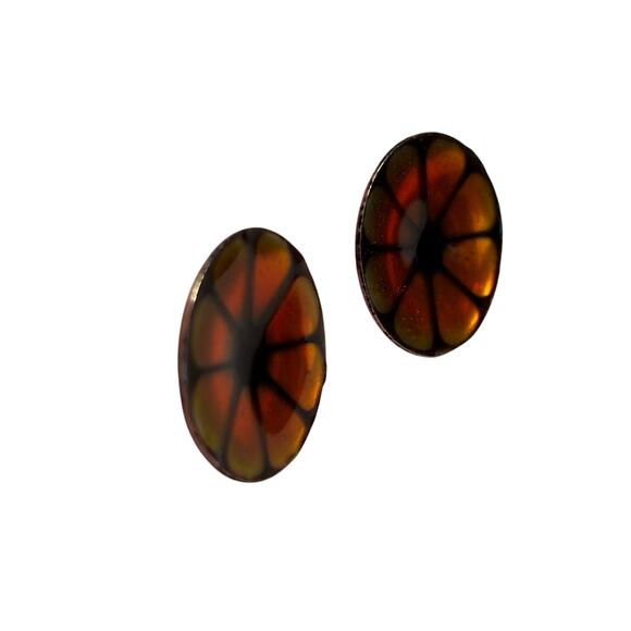 Vintage screwback earrings enamel finish on silvertone unique Boho orange black - Picture 5 of 6